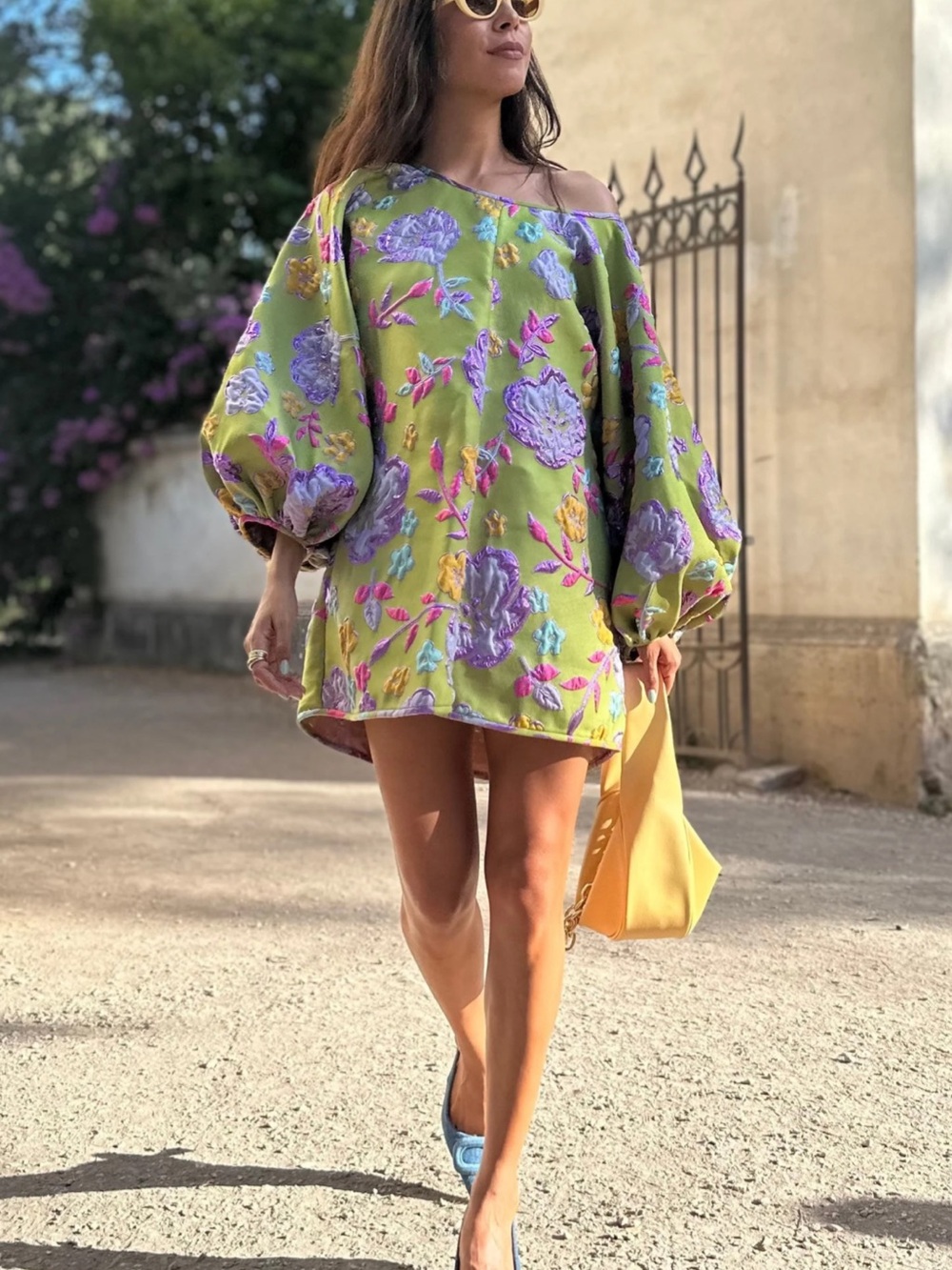 Arianne Elmy Green Mini Dress with Lavender Floral Embroidery - Picture 2 of 3